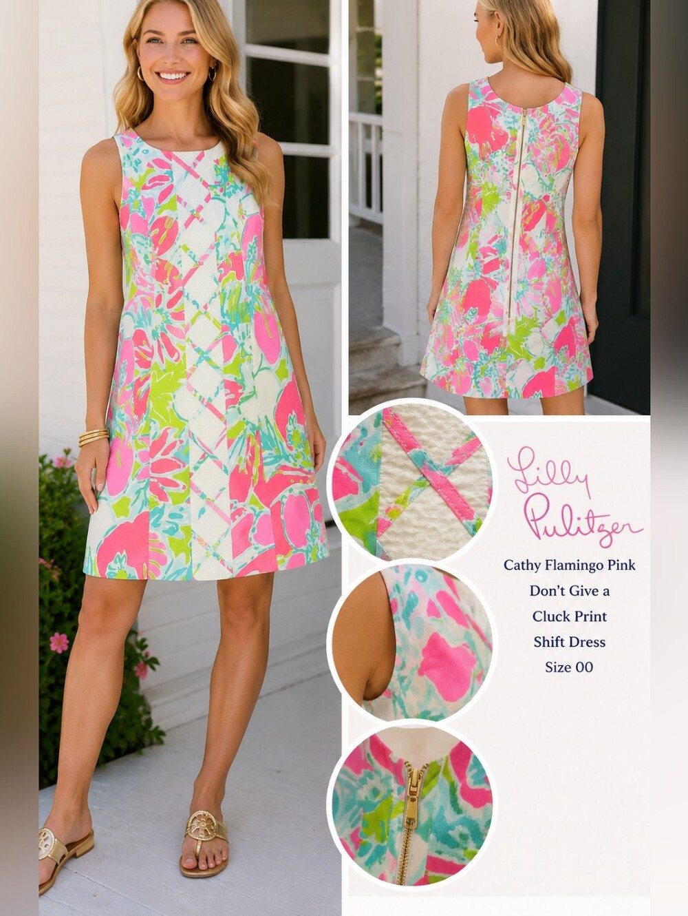 Lilly Pulitzer Cathy Flamingo Pink Don't Give a Cluck Print Shift Dress Size 00